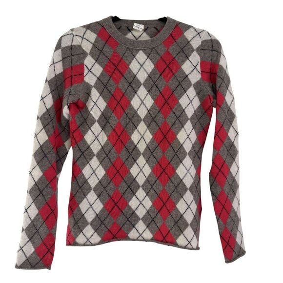 J. Crew  Women's Gray/Red 100% Cashmere Argyle Crew Neck Long Sleeve Size S - Picture 1 of 6
